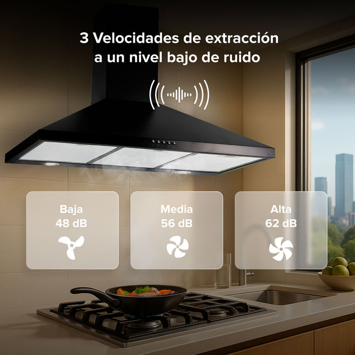 Campana de cocina de pared piramidal 90 cm en acero inoxidable - negro