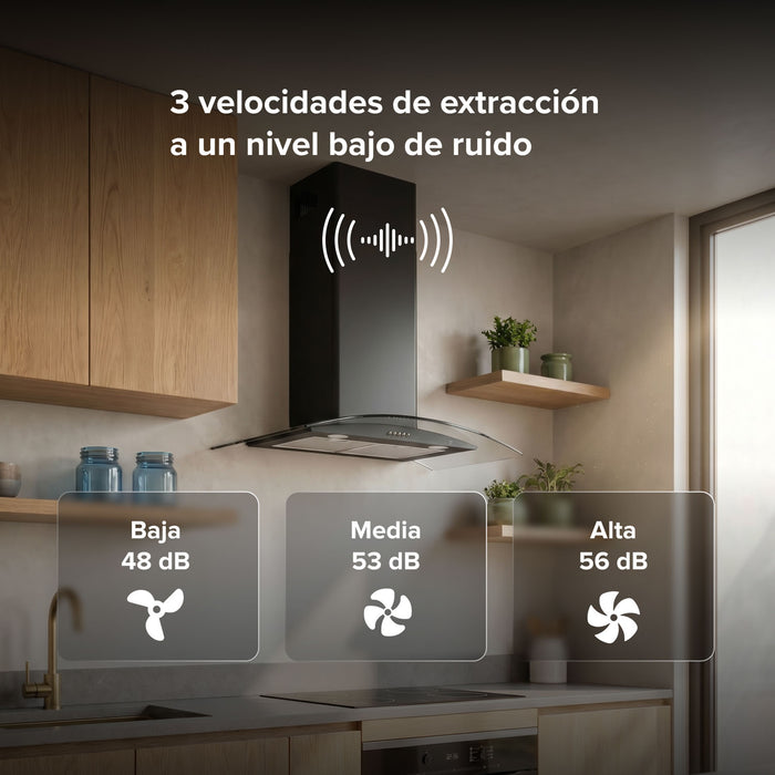 Campana de cocina de pared curva 80 cm en acero inoxidable y vidrio templado - negro