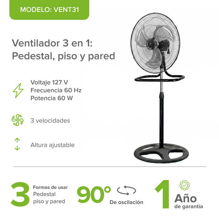 Ventilador 3 en 1 de pedestal, piso y pared, con 3 velocidades, oscilación de 90° y altura ajustable.