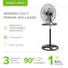 Ventilador 3 en 1 de pedestal, piso y pared, con 3 velocidades, oscilación de 90° y altura ajustable.