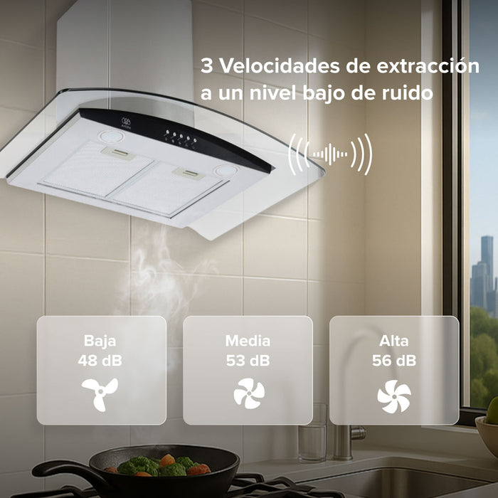 Campana de cocina de pared 76 cm en acero inoxidable y vidrio templado