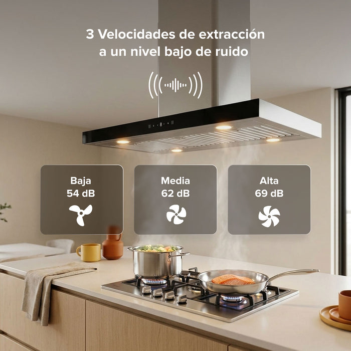 Campana de cocina para isla tipo T 90 cm, 780 m3/h de extracción control táctil y de gestos, acero inoxidable