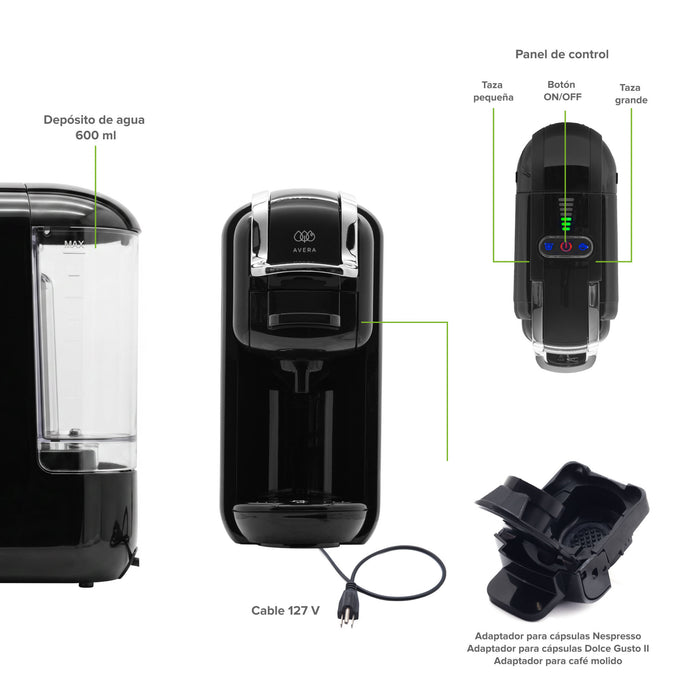 Cafetera compacta para café molido y cápsulas nespresso o dolce gusto - 600 ml