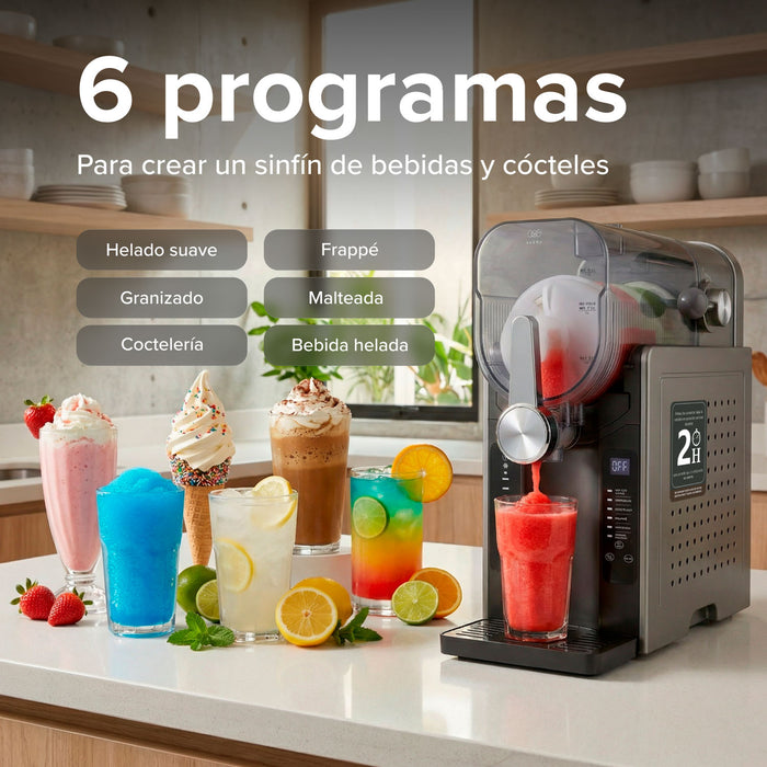 Máquina Avera con 6 programas para helado suave, frappes y granizados junto a bebidas preparadas en una cocina.