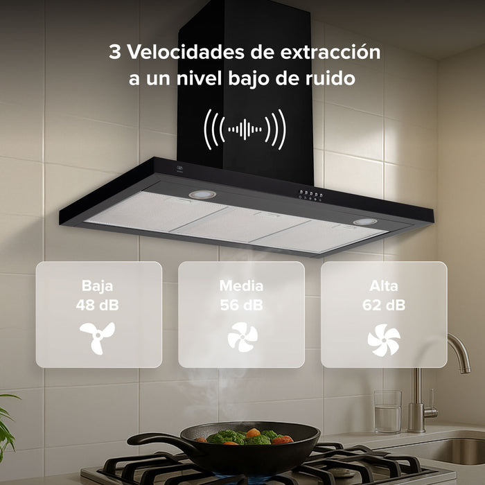 Campana de cocina de pared 90 cm en acero inoxidable con iluminación de 2 focos LED - negro