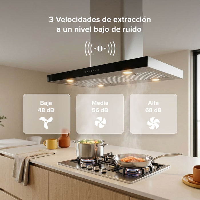 Campana de cocina para isla tipo T 76 cm control táctil y de gestos, potencia motor 230 W acero inoxidable