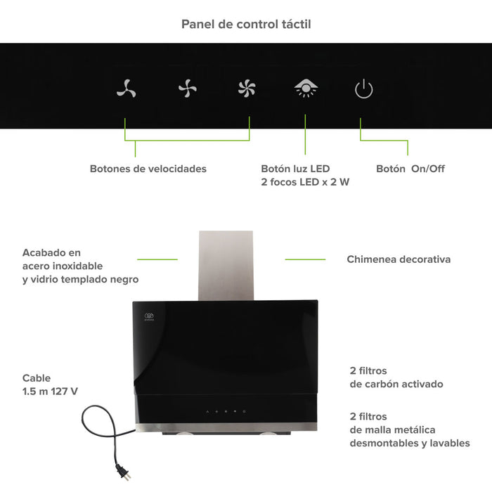 Campana de cocina de pared de 60 cm de vidrio templado con panel digital - negro