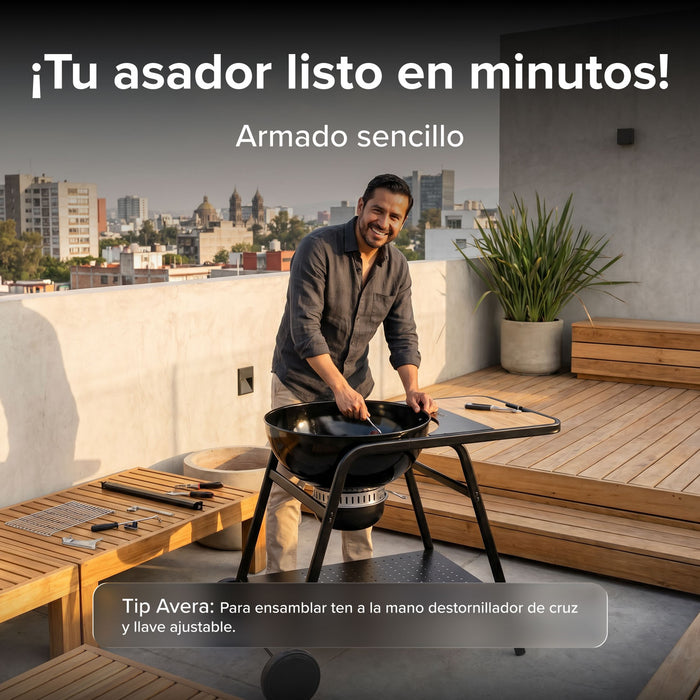 Asador de carbón de 22" 58 cm con termómetro, bandeja de cenizas y mesa lateral