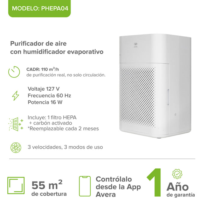 Purificador de aire y humidificador evaporativo inteligente potencia 110 CADR - Cubre hasta 55m²