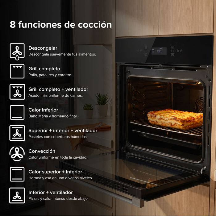Horno empotrable eléctrico 67 L control táctil y 8 funciones 1800 W 127 V