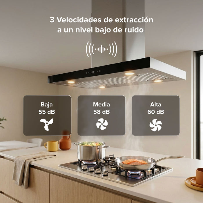 Campana de cocina para isla tipo T 76 cm, 800 m3/h de extracción control táctil y de gestos, acero inoxidable