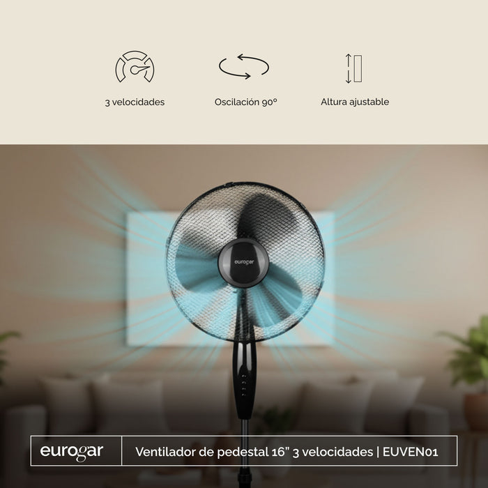 Ventilador de pedestal 16 pulgadas, 3 velocidades, oscilación 90° y altura ajustable