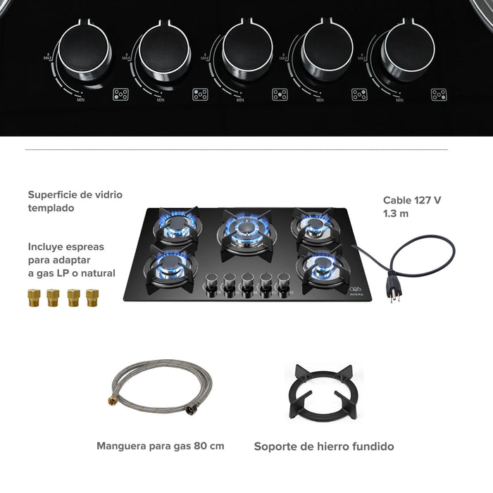 Parrilla de gas 5 quemadores 77 cm en vidrio templado con soporte circular y quemador central - negro