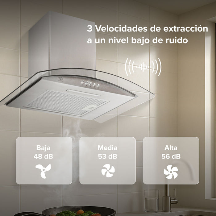 Campana de cocina de pared 60 cm en acero inoxidable y vidrio templado