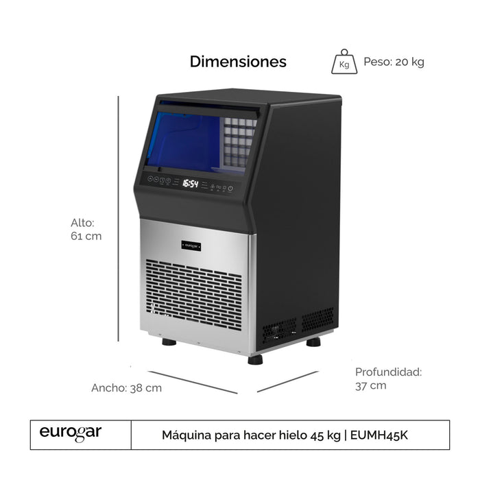 Máquina de hielo comercial con 2 tipos de llenado - hasta 45 kg al día y 8.6 kg de depósito - eurogar