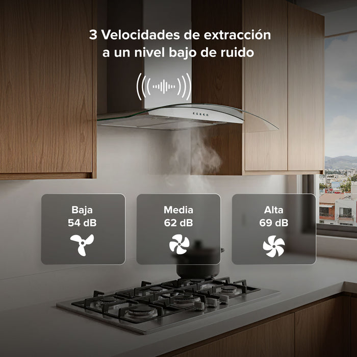Campana de cocina para isla curva 76 cm, 780 m3/h de extracción acero inoxidable y vidrio templado, acero inoxidable