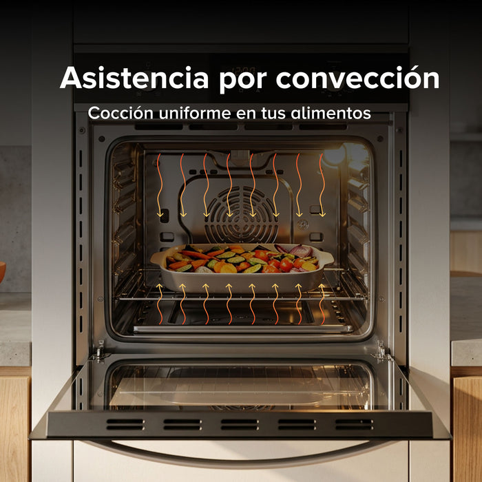 Horno de gas natural con función de convección para cocción uniforme de vegetales en bandeja, diseño empotrable moderno.