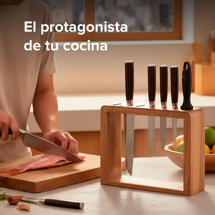 Juego de cuchillos de acero inoxidable con base de madera - 7 piezas