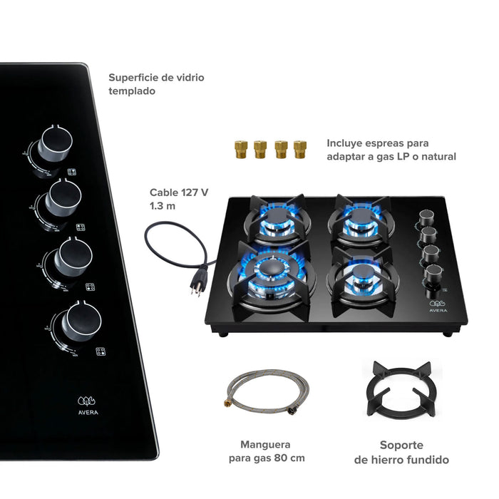 Parrilla de gas 4 quemadores 60 cm en vidrio templado con soporte circular - negro