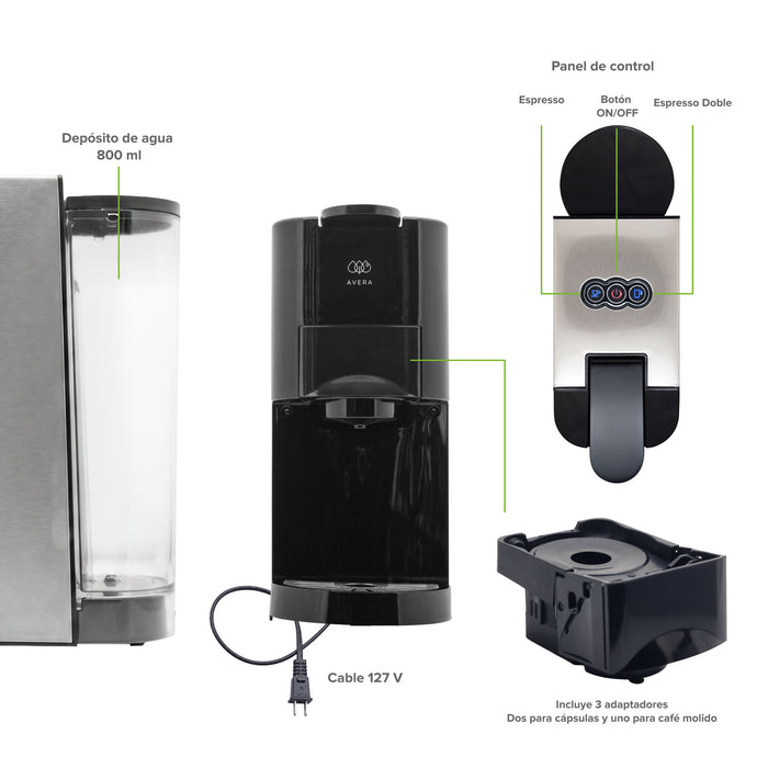 Cafetera compacta para café molido y cápsulas nespresso o dolce gusto - 800 ml
