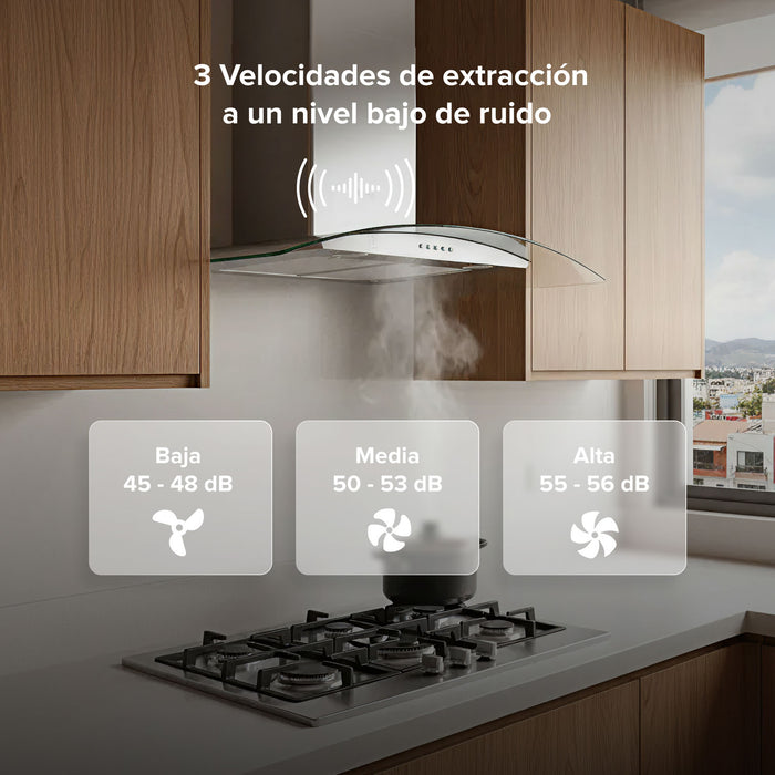 Campana de cocina de pared curva 90 cm en acero inoxidable y vidrio templado