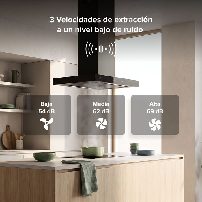 Campana de cocina para isla tipo T 76 cm, 780 m3/h de extracción control táctil y WiFi con temporizador, acero inoxidable - negro
