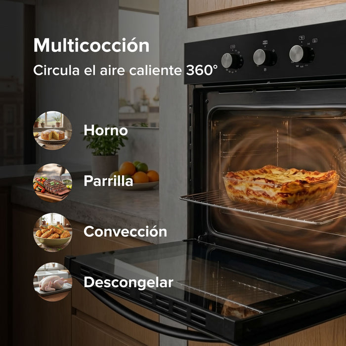 Horno eléctrico empotrable de 67 L con sistema de convección 360 y funciones de horneado, parrilla y descongelado.
