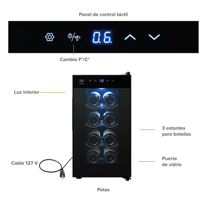Cava de vinos Avera 8 botellas 25L, enfriamiento termoeléctrico, panel táctil, luz interior, puerta de vidrio, cable 127V.