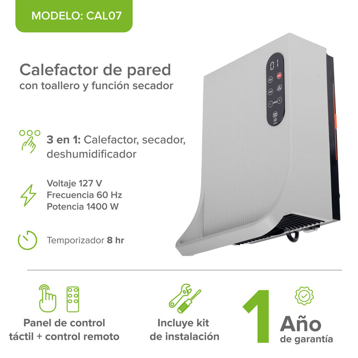 Calefactor de pared 3 en 1 con toallero, secador y deshumidificador