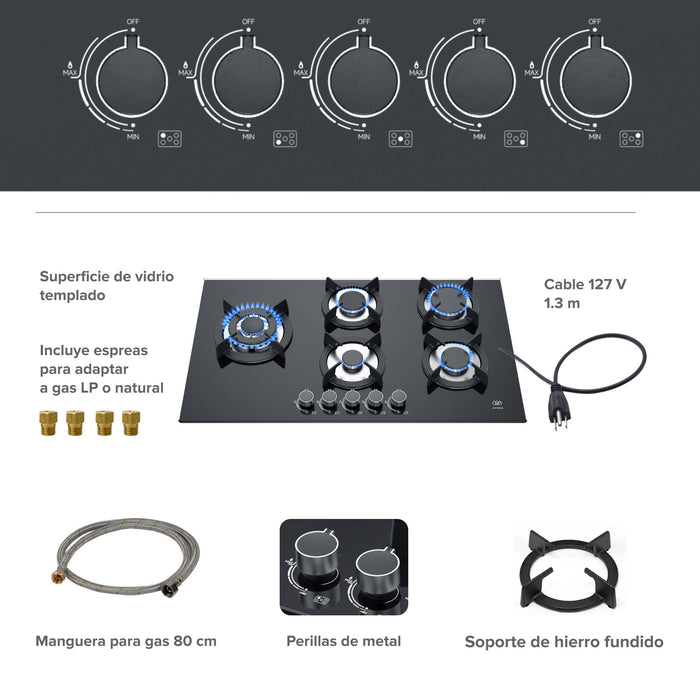 Infografía de parrilla de gas empotrable 90 cm en vidrio templado negro con 5 quemadores y soportes de hierro fundido.