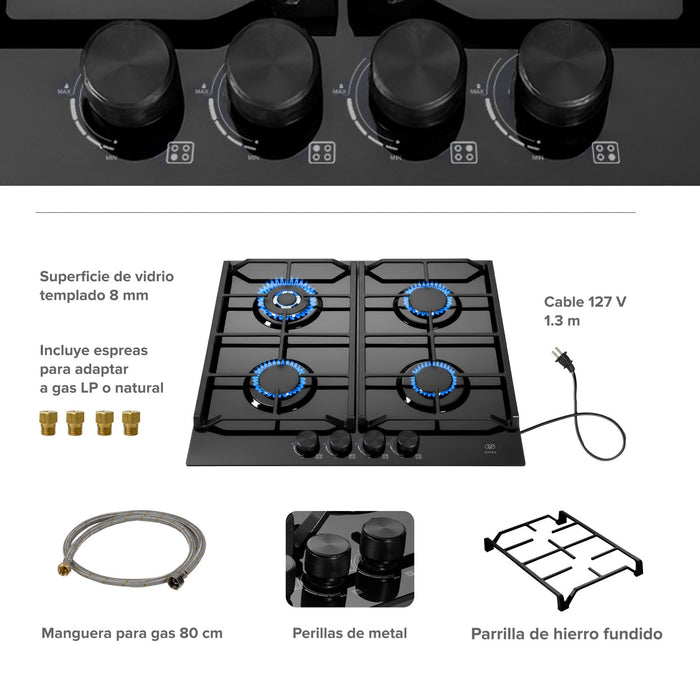Parrilla de gas 4 quemadores 59 cm en vidrio templado premium - negro