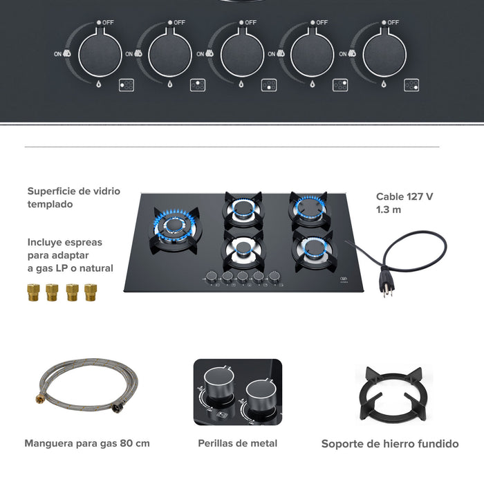 Parrilla de gas 5 quemadores 90 cm en vidrio templado con soporte circular - negro
