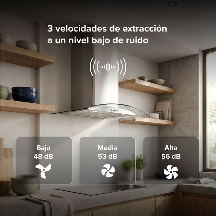 Campana de cocina de pared curva 80 cm en acero inoxidable y vidrio templado