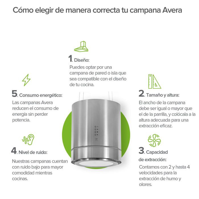 Campana de cocina para isla colgante cilíndrica 38 cm con lámpara decorativa, potencia motor 300 W acero inoxidable