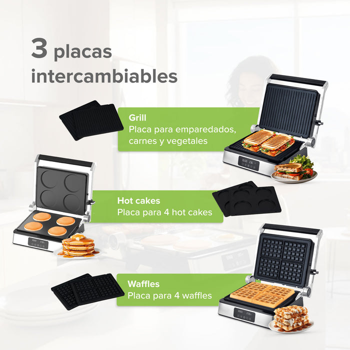 Parrilla grill 3 en 1 XL apertura 180° con placas intercambiables