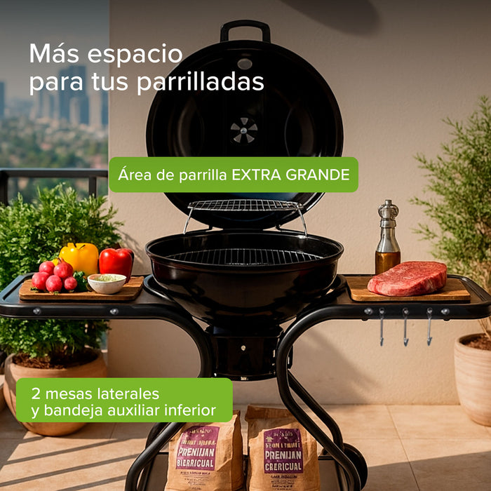 Asador de carbón de 22" con termómetro, bandeja de cenizas y mesas laterales de acero inoxidable