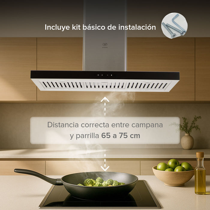 Campana de cocina de isla tipo T 90 cm acero inoxidable con tecnología sin contacto