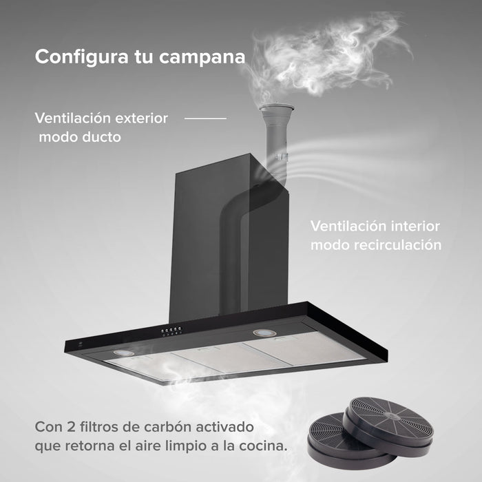 Campana de cocina de pared 90 cm en acero inoxidable con iluminación de 2 focos LED - negro