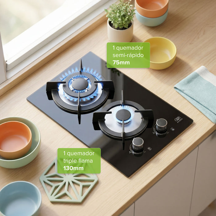 Parrilla de gas 2 quemadores 31 cm en vidrio templado con soporte circular - negro