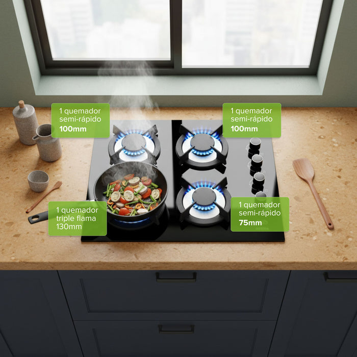 Parrilla de gas 4 quemadores 60 cm en vidrio templado con soporte circular - negro