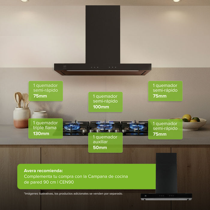 Parrilla de gas 6 quemadores 90 cm en vidrio templado premium - negro