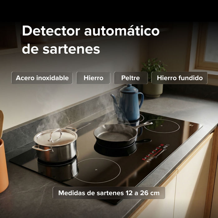 Parrilla de inducción 90 cm con detector automático de sartenes de acero, hierro y peltre en cocina moderna.