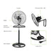 Diagrama de ventilador 3 en 1 con base ajustable, oscilación de 90°, rejilla metálica de 3 aspas y soporte para pared.
