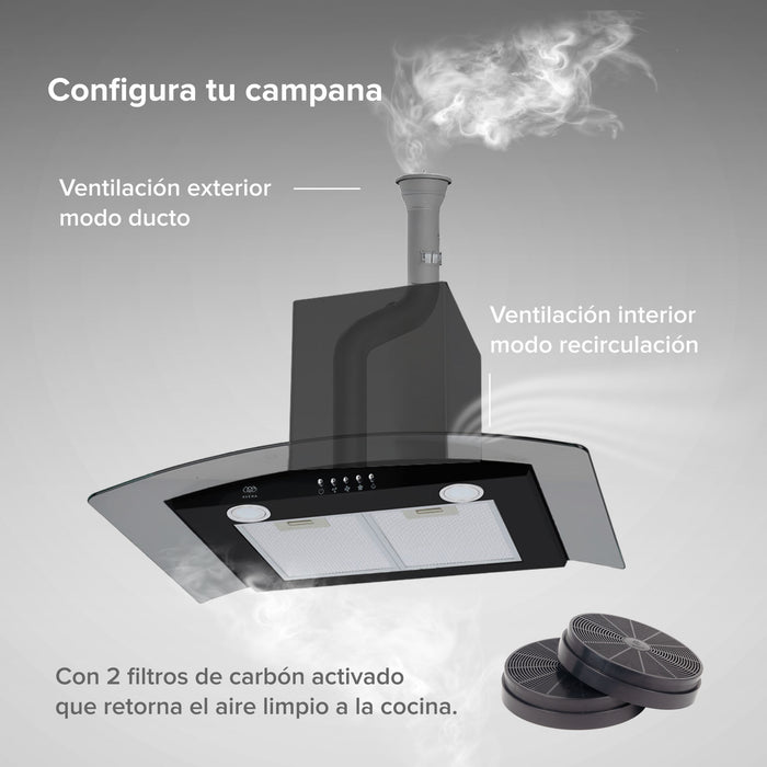 Campana de cocina de pared 90 cm en acero inoxidable y vidrio templado - negro