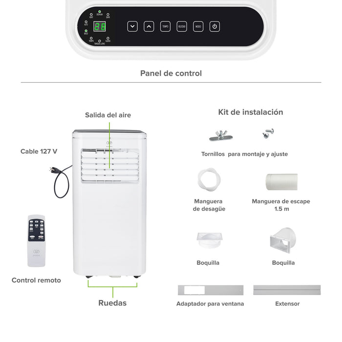 Aire acondicionado portátil 3 en 1 con panel digital, control remoto y kit de instalación completo para ventana.