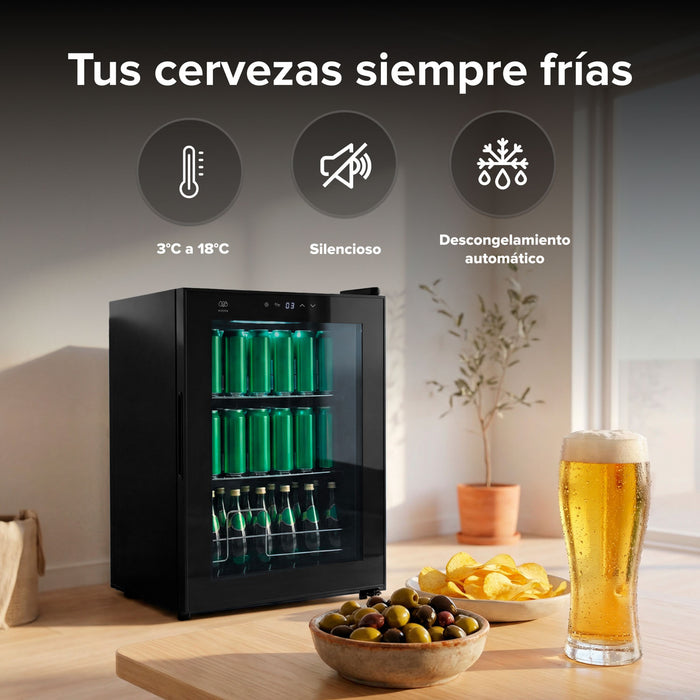 Frigobar para 50 latas con puerta de vidrio, luz LED y control digital de temperatura de 3 a 18 grados.