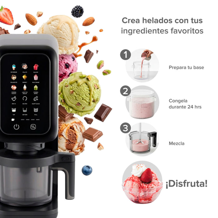 Infografía de máquina de helados Avera MHM01 negra mostrando pasos: preparar base, congelar 24h, mezclar y disfrutar.