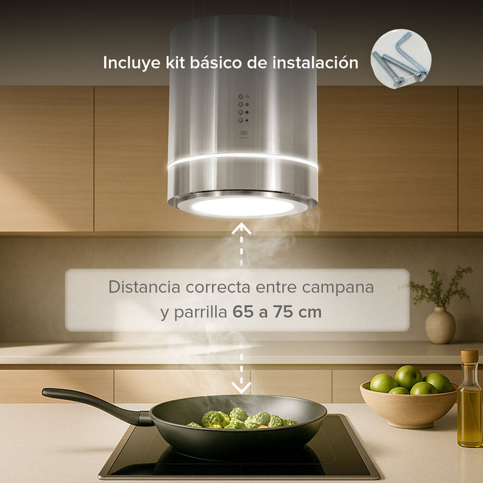 Campana de cocina para isla colgante cilíndrica 38 cm con lámpara decorativa, potencia motor 300 W acero inoxidable