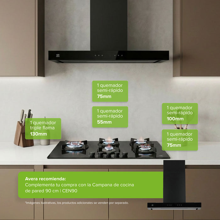 Parrilla de gas de 5 quemadores en vidrio templado instalada con campana de pared en cocina moderna.