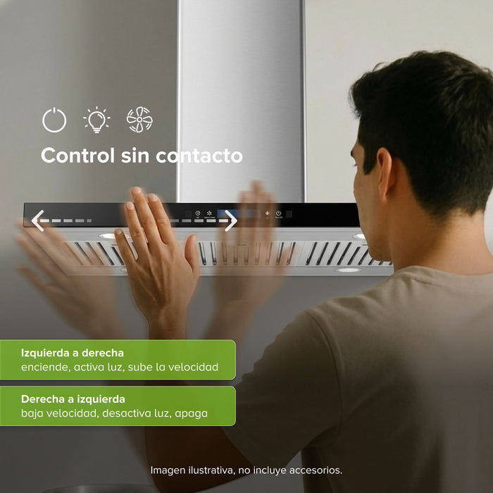 Campana de cocina para isla tipo T 76 cm control táctil y de gestos, potencia motor 230 W acero inoxidable